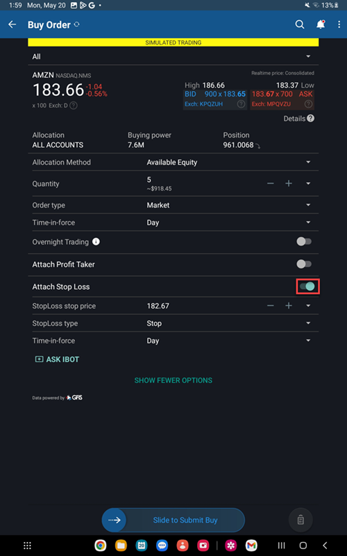 The stop loss option on the Android Tablet